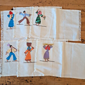 Vintage set of 6 hand embroidered & appliqued placements, 7.5" x 11.5"